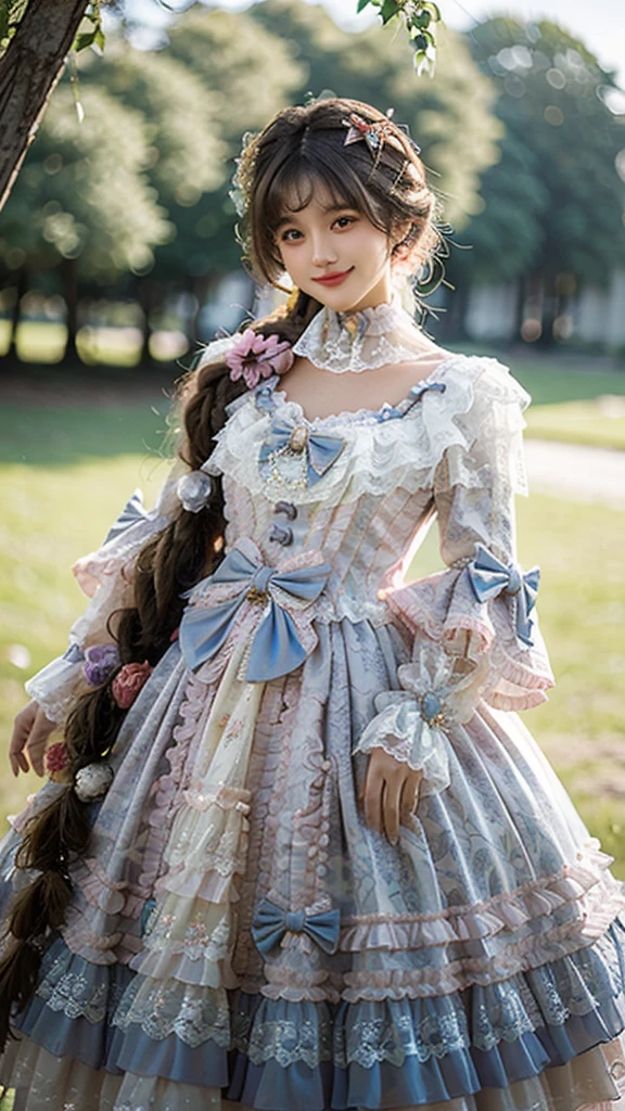 best quality, masterpiece, photorealistic, 1girl, solo, cowboy shot, standing, long black straight hair, blunt bangs, looking at viewer, smile, lo dress, long dress, layered dress, choker, bow, long sleeves,