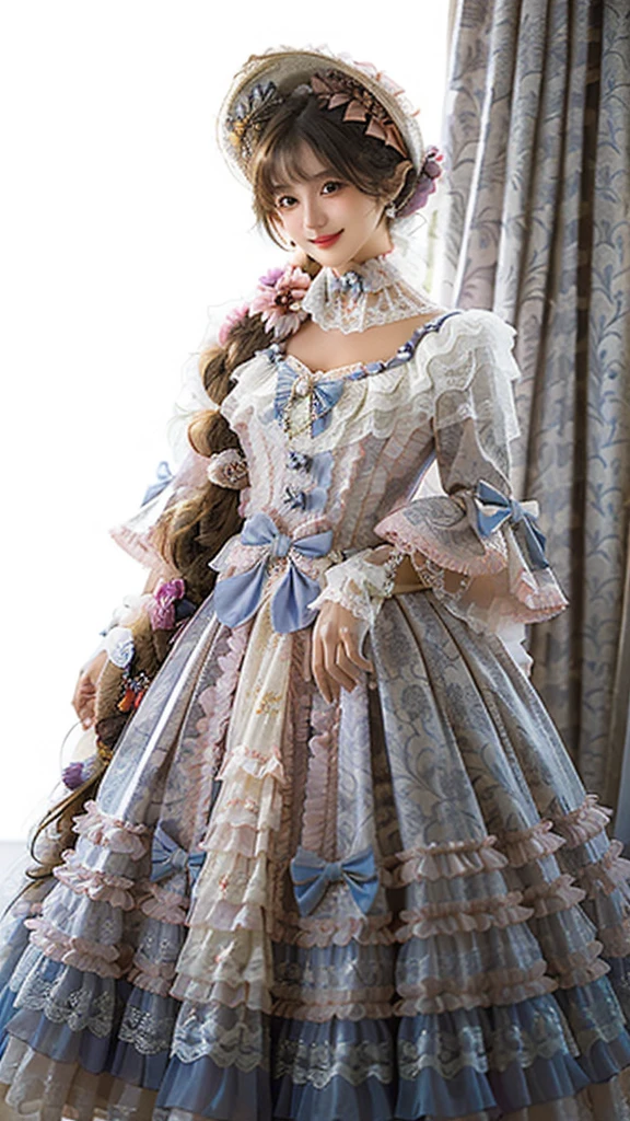 best quality, masterpiece, photorealistic, 1girl, solo, cowboy shot, standing, long black straight hair, blunt bangs, looking at viewer, smile, lo dress, long dress, layered dress, choker, bow, long sleeves,