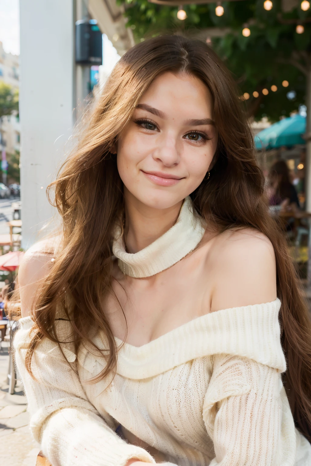 BrookeMonk, sharp eyes, Looking directly at, very happy,long hair, Wear an off-the-shoulder sweater, collar, closeup portrait, In an outdoor cafe in 2015, afternoon light,