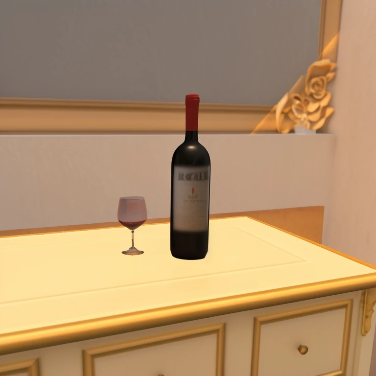 there is a bottle of vinho and a glass on a dresser, bottle of vinho, drinking vinho, with a bottle of vinho, enjoying a glass of vinho, vinho bottle, red vinho, vinhoglass, vinho glass, vinho, ( ( ( ( Renderização 3D ) ) ) ), themed after vinho, segunda vida, relaxar!, Ultra realista, holding glass of vinho