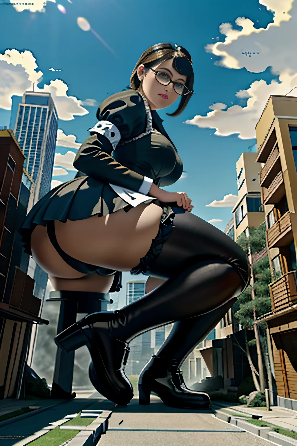 Giantの芸術, 非常に詳細なGiantショット, Giant, short hair, black pantyhose, A maid that is much bigger than a skyscraper, wearing rimless glasses, big breasts, big ass, navy maid uniform, black pantyhose, black shoes, very small metropolis, miniature metropolis, full body description, ＧＴＳ, ギガGiant, Stomping City, crash city, Small town, micro city, maid, city planning, 
