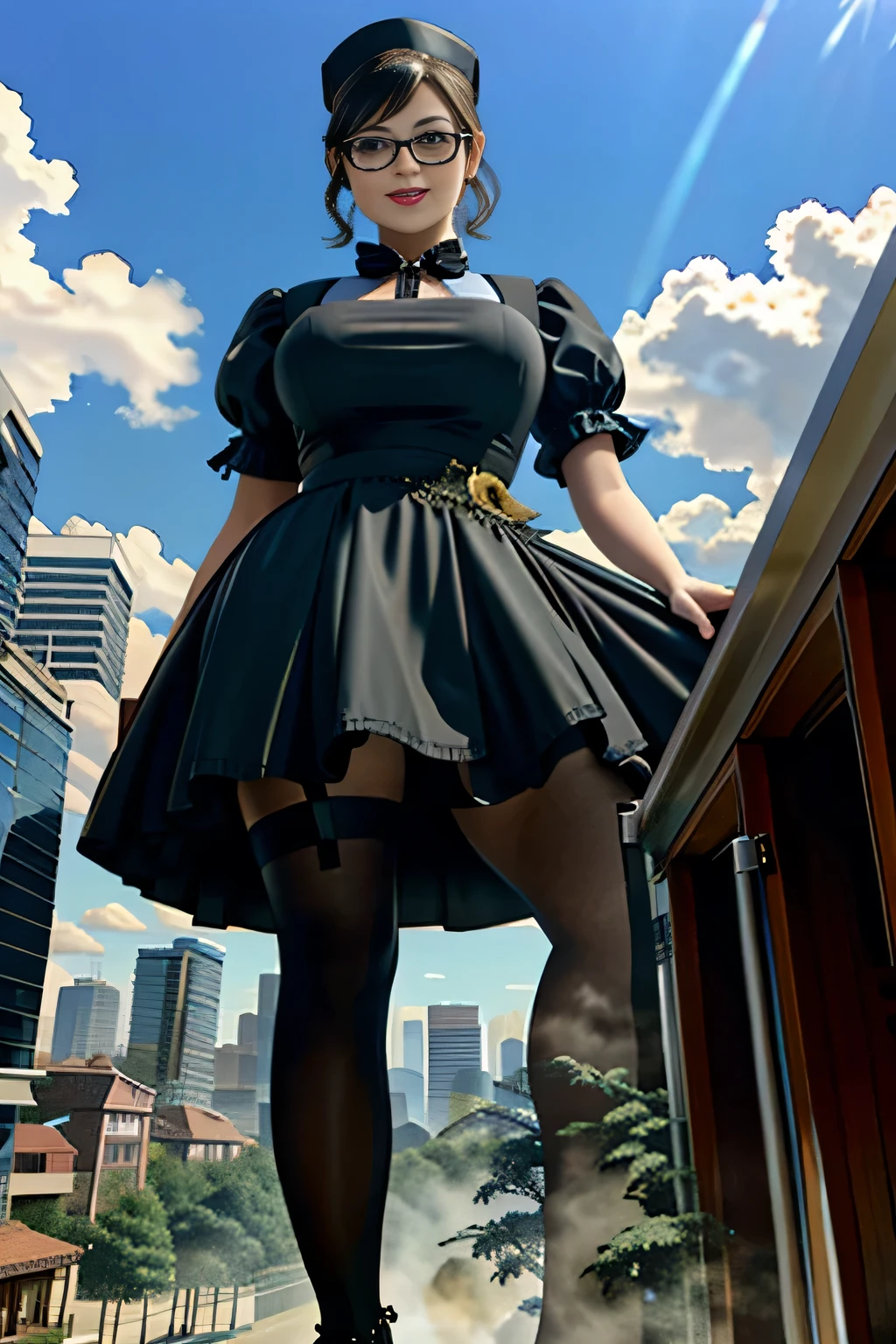Giantの芸術, 非常に詳細なGiantショット, Giant, short hair, black pantyhose, A maid that is much bigger than a skyscraper, wearing rimless glasses, big breasts, big ass, navy maid uniform, black pantyhose, black shoes, very small metropolis, miniature metropolis, full body description, GTS, ギガGiant, Stomping City, crash city, Small town, micro city, maid, city planning,