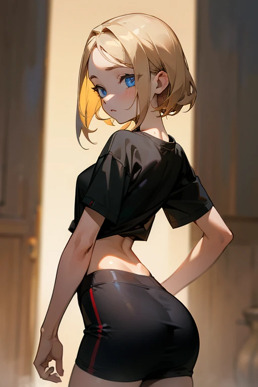 (Masterpiece), Best quality, Expressive eyes, Perfect face, Blonde hair with brown highlights, , Blue eyes, *********** girl , Female, Short black t-shirt,, British, her ass is showing