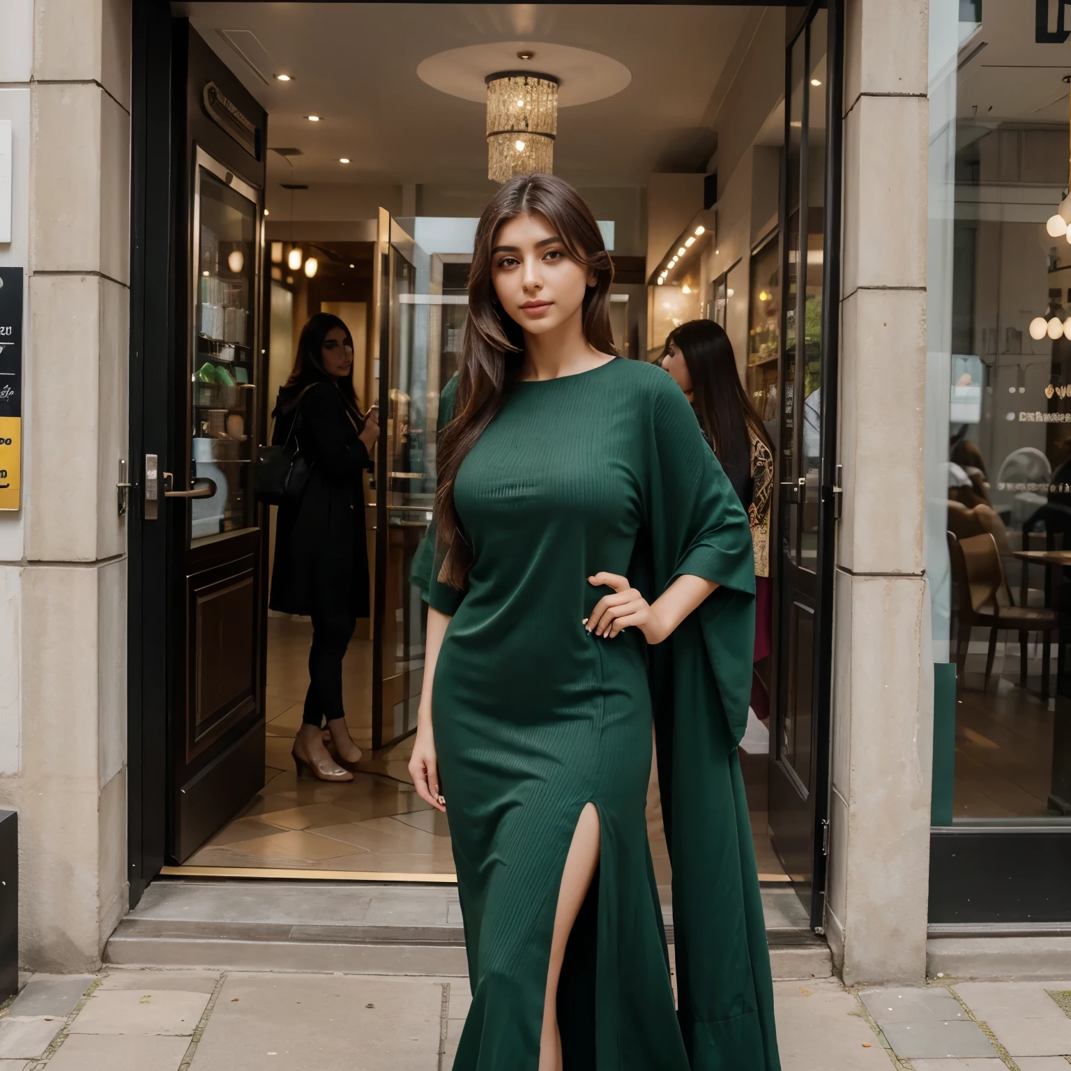 Create for me an image of Turkish model Hande Erçel, Olhos verdes, longos cabelos pretos e lisos, sardas claras usando um vestido preto em frente a um restaurante em Manchester