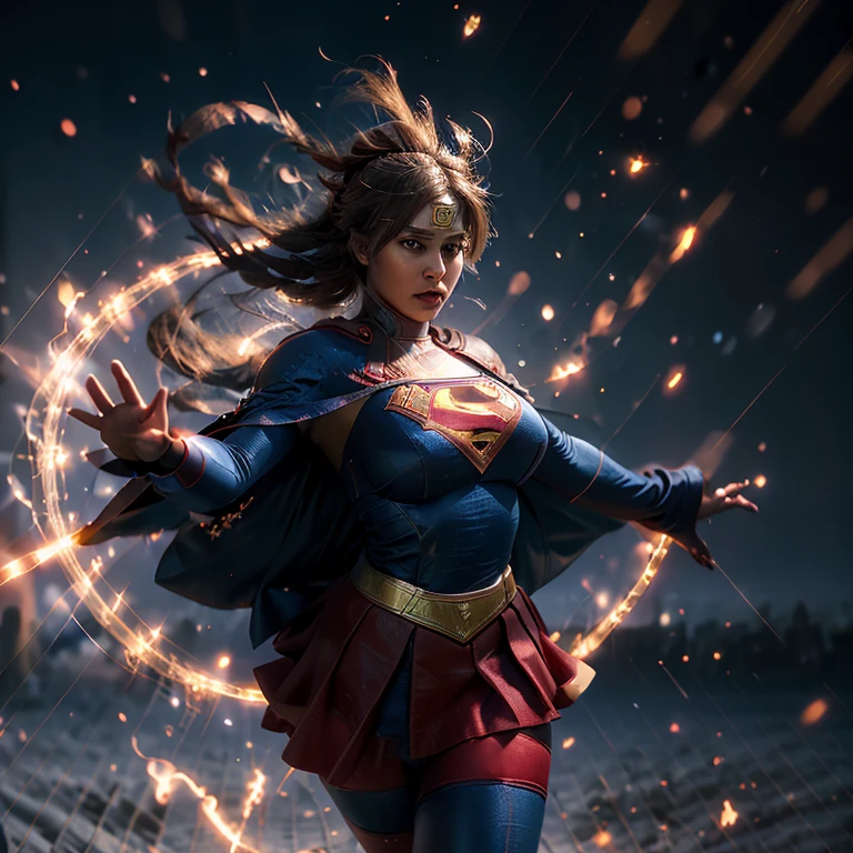 Masterpiece, highest quality, high resolution, solo presentation, superheroine, Supergirl, voluptuous figure, large breasts, shiny blue and red outfit, cape flowing in the wind, determined expression, powerful stance, arms raised high, ready for action.