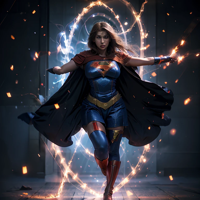 Masterpiece, highest quality, high resolution, solo presentation, superheroine, Supergirl, voluptuous figure, large breasts, shiny blue and red outfit, cape flowing in the wind, determined expression, powerful stance, arms raised high, ready for action.
