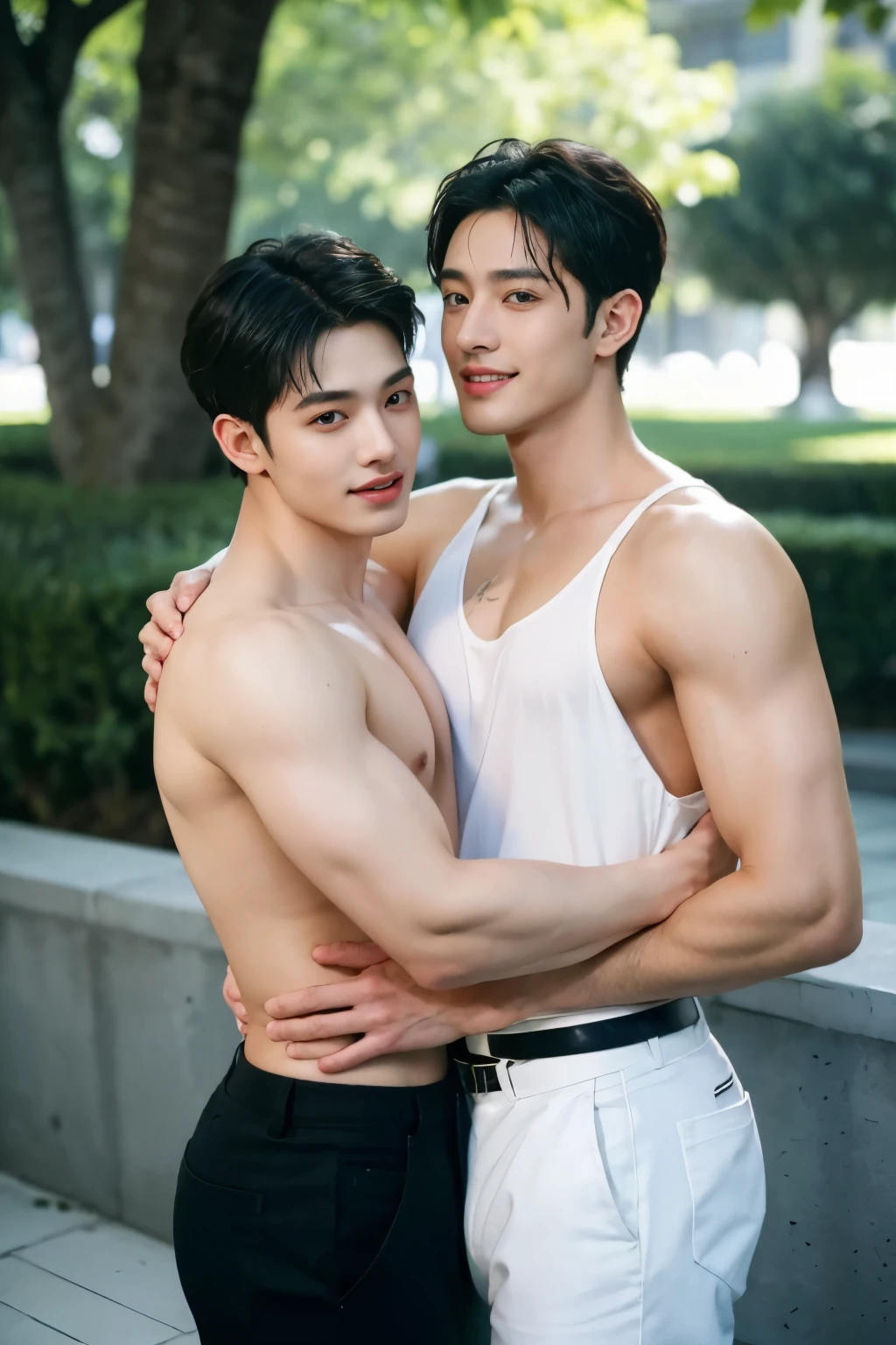 (photorealistic), masterpiece:1.5, beautiful lighting, best quality, beautiful lighting, realistic, real image, intricate details, (((Create an image of 2 a arab men))), handsome, 18 yo, very muscular, topless, wearing black thong with gold details, short black hair, voluptuous butt, sexy, ((hugged, love gay)), in a park, green eyes, bigs eyes, smile, Detailedface, photorealistic