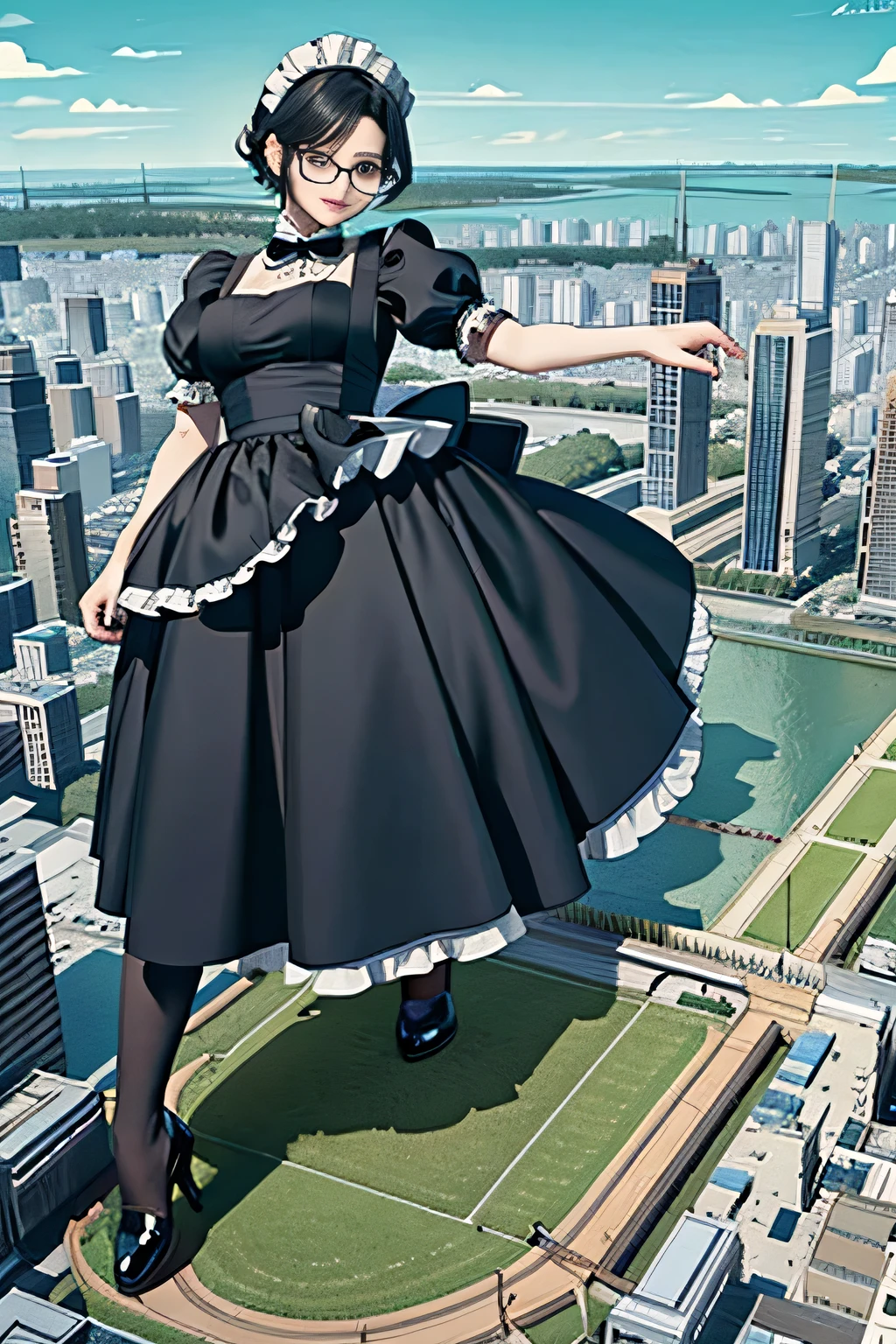 Giantの芸術, 非常に詳細なGiantショット, Giant, short hair, black pantyhose, A maid that is much bigger than a skyscraper, wearing rimless glasses, big breasts, big ass, navy maid uniform, black pantyhose, black shoes, very small metropolis, miniature metropolis, full body description, GTS, ギガGiant, Stomping City, crash city, Small town, micro city, maid, city planning,