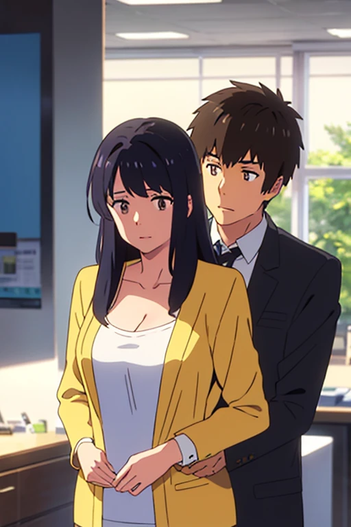 shinkai makoto, kimi no na wa., 1boy, buzzcut, office suit, boy is behind from girl, boy hugingg back, breastgrope from behind, 1girl, bangs, black hair, brown eyes, twisted half up, red ribbon, long hair, long sleeve yellow cardigan, open shirt, white shirt, cleavage, breast, medium breast, jewelry shop, indoors, mall, masterpiece, perfect anatomy, cowboyshot, upper body