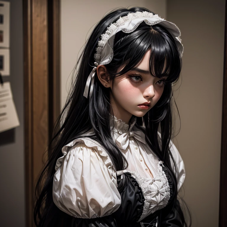 beautiful woman in lolita outfit, black long hair, emotionless, plump lips, she looks down, depressed