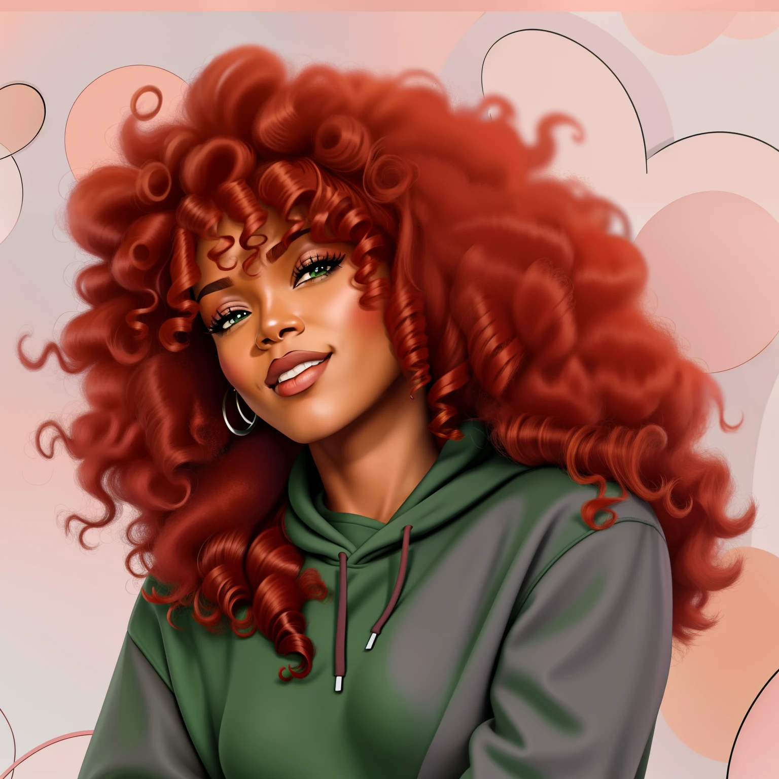 there is a black woman with red hair and a green hoodie, African, cartoon, comic book, in style of digital illustration, red curly hair, curly red hair, with curly red hair, inspired by Daphne Allen, red afro, red haired goddess, in style of digital painting, stylized digital illustration, wavy big red hair, cartoon digital painting, digital illustration