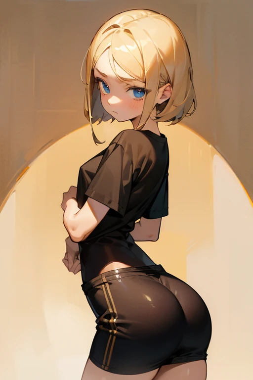 (Masterpiece), Best quality, Expressive eyes, Perfect face, Blonde hair with brown highlights, , Blue eyes,  girl , Female, Short stature , Short black t-shirt,, British, her ass is showing,She takes off her clothes.