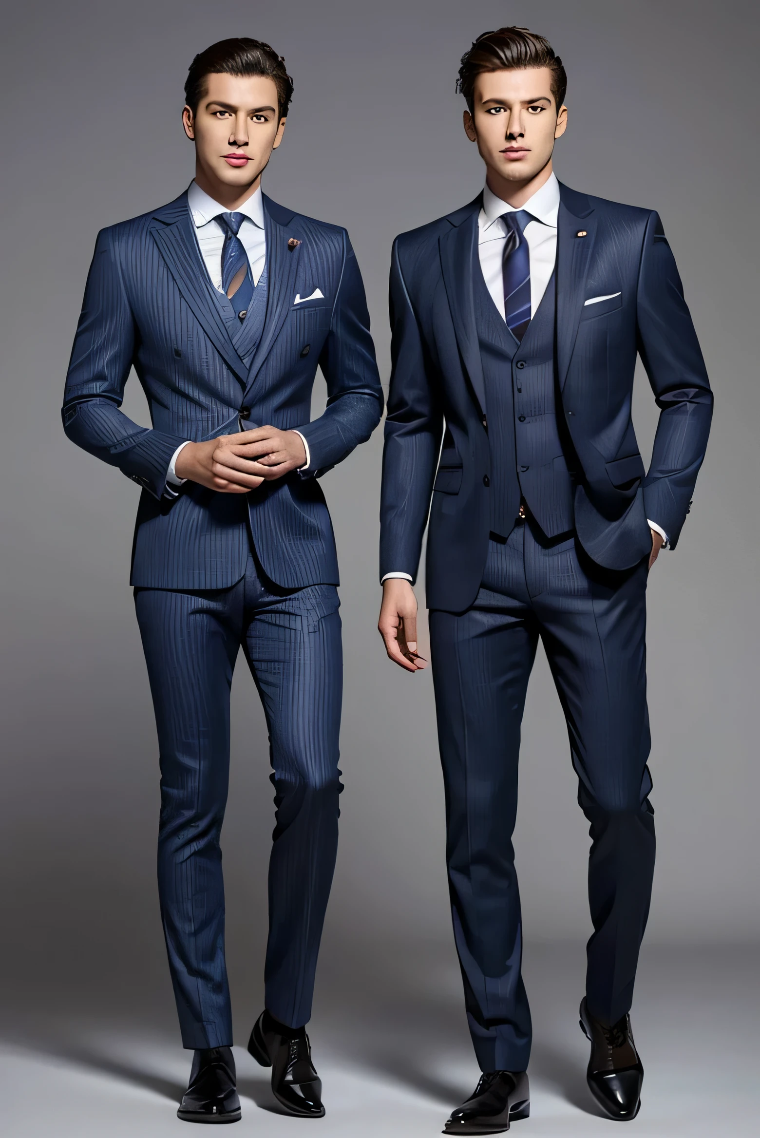 Best quality men&#39;s suits，suit，suit，A full-body view from head to toe，design diagram，Renderings，Style drawing，upscale，high-end，atmosphere，actual，stripe，Notch lapels