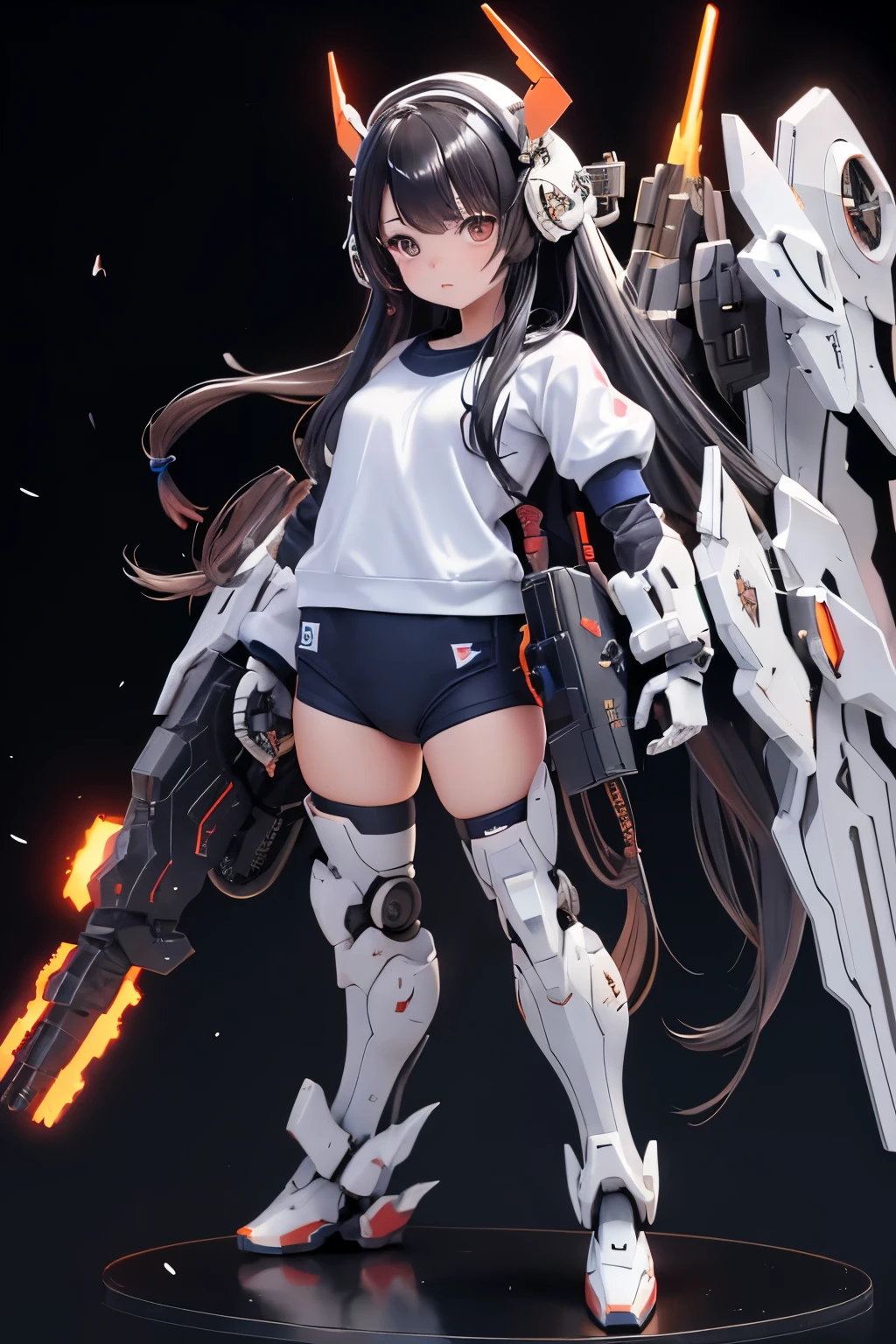 (highest quality)), ((masterpiece)), (very detailed: 1.3), 3D, {(ung girl)}, (wear navy buruma and white gym uniform with colored hem under armor:1.3), (black hair:1.5), (She is fused with futuristic Gundam mecha:1.2), with headgear, with v-fin , armored shoulders,armored under arms, armored under legs, short sleeve, attached 2 huge weapons on back, legs mounted weapon module, multilayer textureperfect proportions, octane rendering, duotone lighting, Low ISO, wide aperture, White balance, Rule of thirds, ultra HD16k, HDR (High Dynamic Range), Ray Tracing, NVIDIA RTX, Super Resolution, Subsurface Scattering, PBR Texturing, Post Processing, Anisotropic Filtering, Depth of Field, Maximum Clarity and Clarity, High efficiency subpixel, subpixel convolution, particles of light, light scattered, Tyndall effect, full body:1.5, battle pose, cute, (cute:1.2), (long hair:1.3),太い眉毛, 薄い色の虹彩, 大きくて輝いている黒い瞳, 長いまつげ, 小さく薄い色の自然な唇, (Average face of Japanese idols), (日本人特有の童顔:1.3), (baby face), 広いおでこ:1.2, ふっくらした頬, 小さな顎, in the hangar,looking at viewer,Focus on the eyes , (完璧な4本の指, 親指1本),