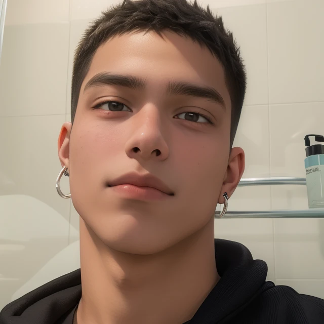 Arafed man with black hoodie and piercings in a bathroom, 18 years, 16 years old, around 19 years, tommy , taken in the early 2020s, 22 years, 21 years, Mateo 9 5, jovencito, Caio Santos, contraction serpentine / jugador ludwig