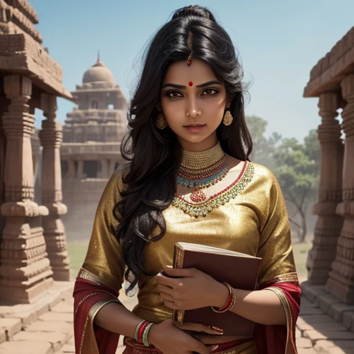An Indian woman wearing a national costume is interestingly biting a book. The background is an imaginary ancient Indian city.32k,realistic, masterpiece.