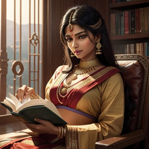 Discovery of the Map:Prompt: Rajkumari Meera, still in her royal attire, discovers an old, worn map hidden inside the book she was reading. The map should have ancient symbols and a mysterious aura. Her face should show curiosity and excitement.