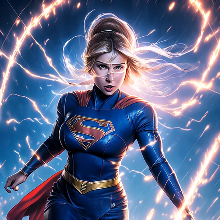 Masterpiece of Supergirl, showcasing a solo presentation in the highest quality, boasting a resolution that brings every detail to life. Superheroine clad in a shiny blue and red outfit, voluptuous figure accentuated by the fitted suit, large breasts subtly visible under the fabric. Cape flowing elegantly in the wind, Supergirl's determined expression exudes strength and courage. powerful stance, hands on hips, ready for action, embodying her superhuman power and prepared to save the day.