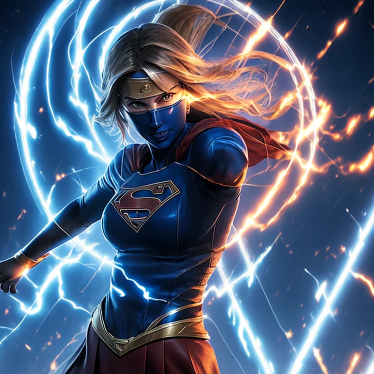 Masterpiece of Supergirl, showcasing a solo presentation in the highest quality, boasting a resolution that brings every detail to life. Superheroine clad in a shiny blue and red outfit, voluptuous figure accentuated by the fitted suit, large breasts subtly visible under the fabric. Cape flowing elegantly in the wind, Supergirl's determined expression exudes strength and courage. powerful stance, hands on hips, ready for action, embodying her superhuman power and prepared to save the day.