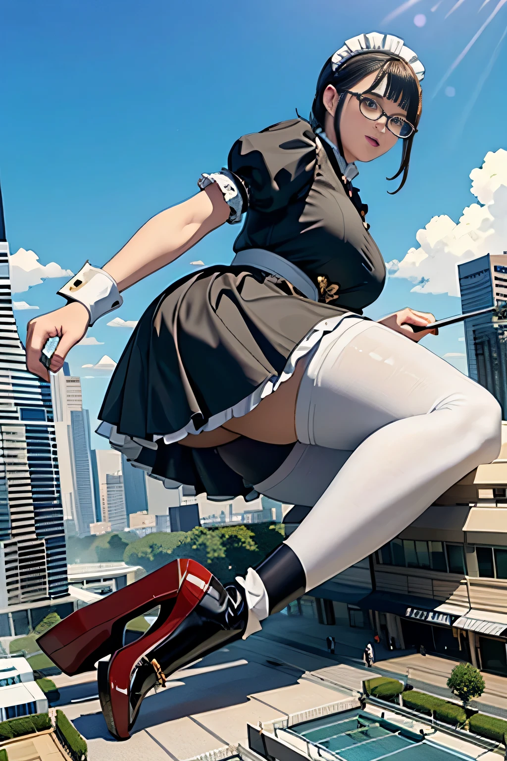 Giantの芸術, 非常に詳細なGiantショット, Giant, short hair, black pantyhose, A maid that is much bigger than a skyscraper, wearing rimless glasses, big breasts, big ass, navy maid uniform, black pantyhose, black shoes, very small metropolis, miniature metropolis, full body description, ＧＴＳ, ギガGiant, Stomping City, crash city, Small town, micro city, maid, city planning, 