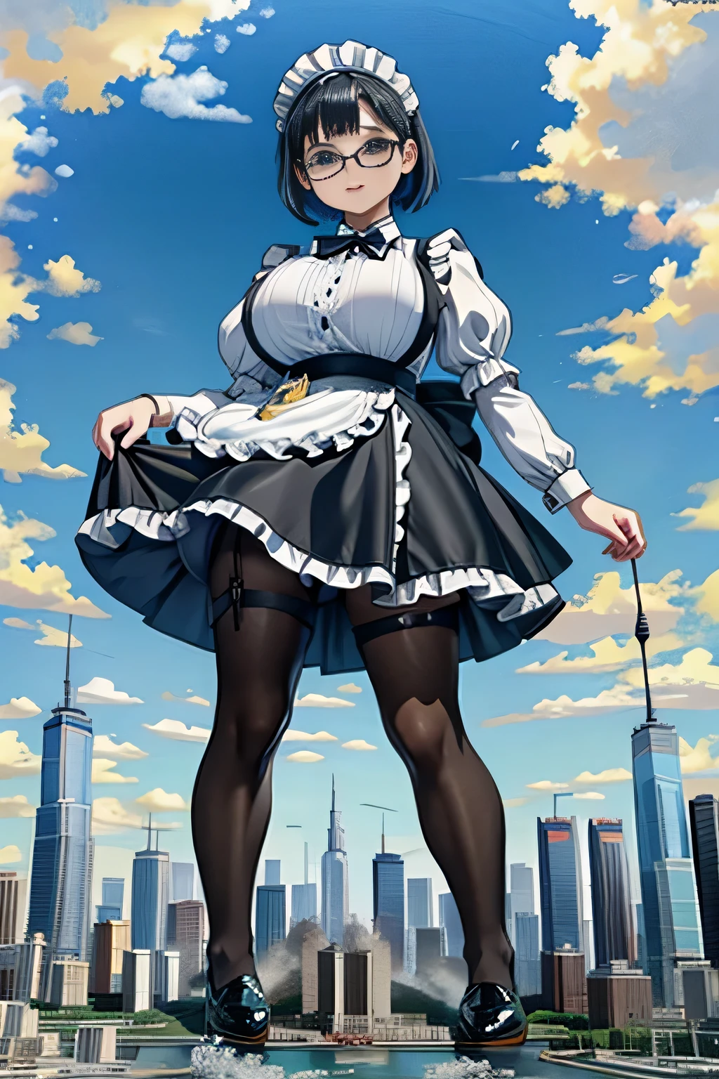 Giantの芸術, 非常に詳細なGiantショット, Giant, short hair, black pantyhose, A maid that is much bigger than a skyscraper, wearing rimless glasses, big breasts, big ass, navy maid uniform, black pantyhose, black shoes, very small metropolis, miniature metropolis, full body description, GTS, ギガGiant, Stomping City, crash city, Small town, micro city, maid, city planning,