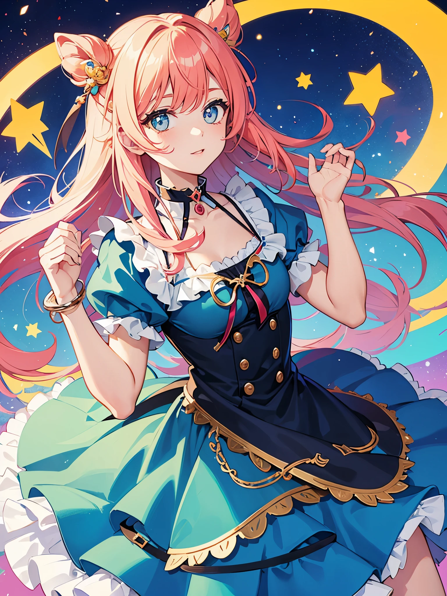girls, colorful hair, colorful eyes, ((german style dress)), ()ido))l, magical girl