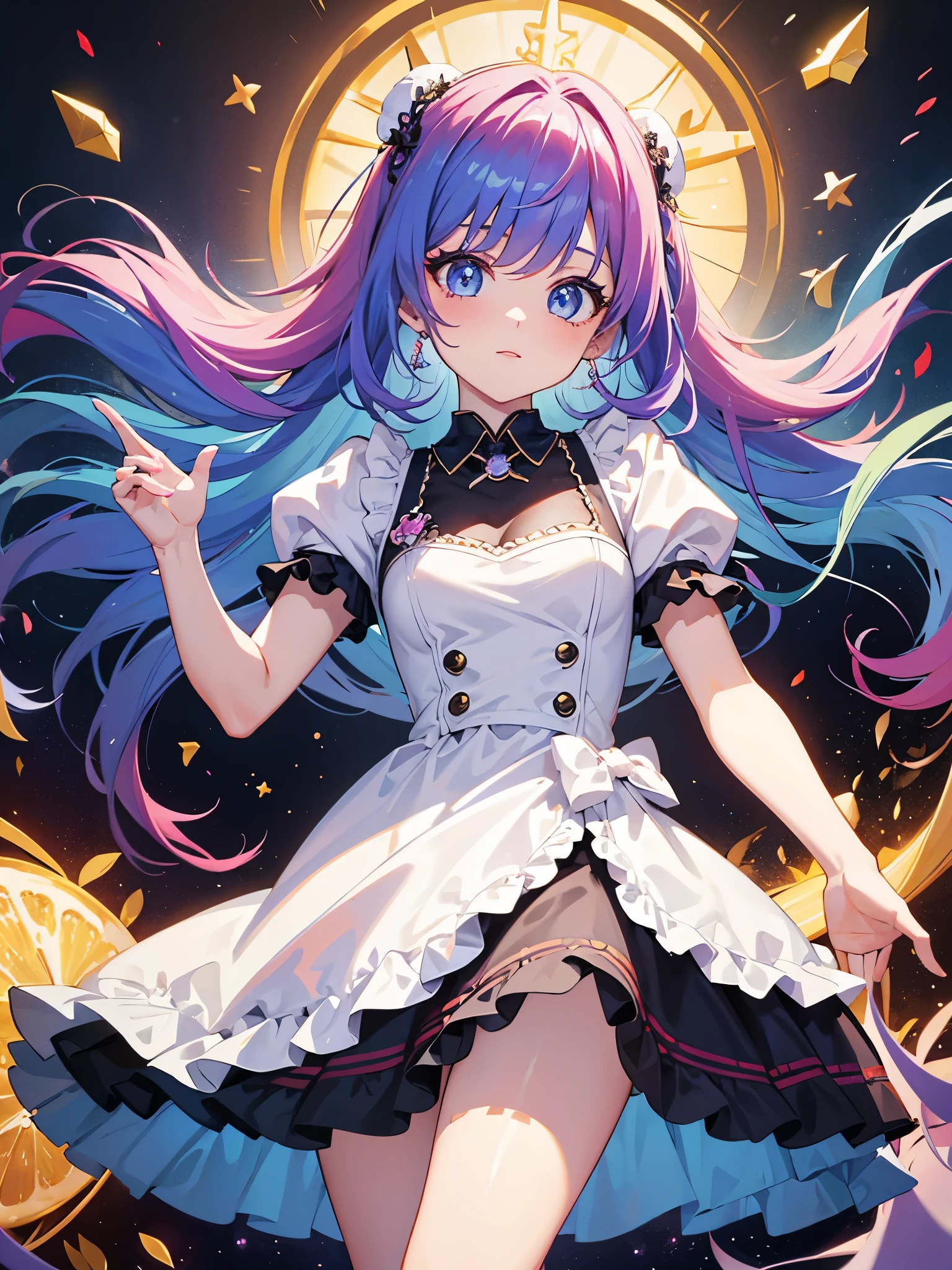 girls, colorful hair, colorful eyes, ((german style dress)), ()ido))l, magical girl