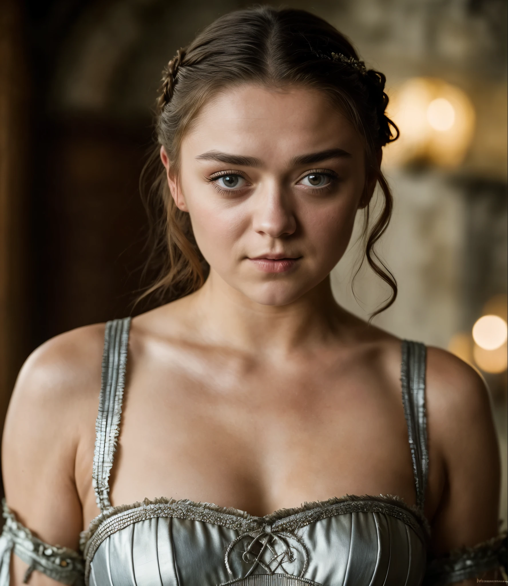 Foto RAW, Arya Stark, Extremely gorgeous lady, Arya Stark PLAYED BY MAISIE WILLIAMS, Queen Arya Stark, she  a mature woman now, milf, sexy mediaeval battle dress, gladiator woman, body, 40 years old Woman, Roman slave dress, cotton dress, busty mediaeval costumes, body revealing costumes, perky breast, big natural breast, erotic costumes, lusty physique, seductive figure can capture every people's attention, Game of thrones costumes, revealing captivating figure, Mediaeval costumes, revealing clothes, A tomboy, she would rather fence than dance, warrior queen , game of thrones screen caps, Game of Thrones Series, (pele altamente detalhada: 1.2), 8k UHD, DSLR, soft-lighting, alta qualidade, grain of film, Fujifilm XT3, flawless picture, highly detailed, detailed Beauty, intricate, 32k, sharp picture,