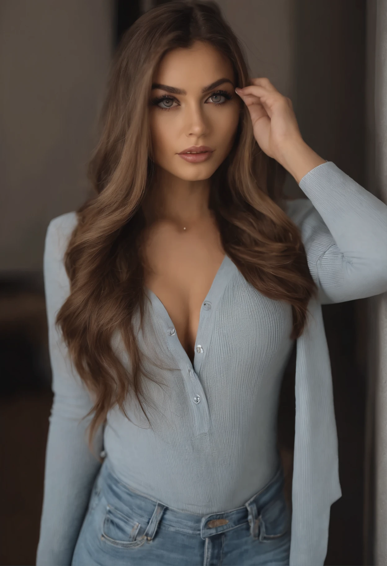 arafed femme pleinement , fille sexy aux yeux bruns, ultra réaliste, minutieusement détaillé, Portrait de Sophie Mudd, cheveux bruns et grands yeux, selfie d'une jeune femme, Les yeux de Dubaï, Violette Myers, sans maquillage, Maquillage naturel, regarder directement la caméra, visage avec artgram, maquillage subtil, superbe photo de tout le corps
