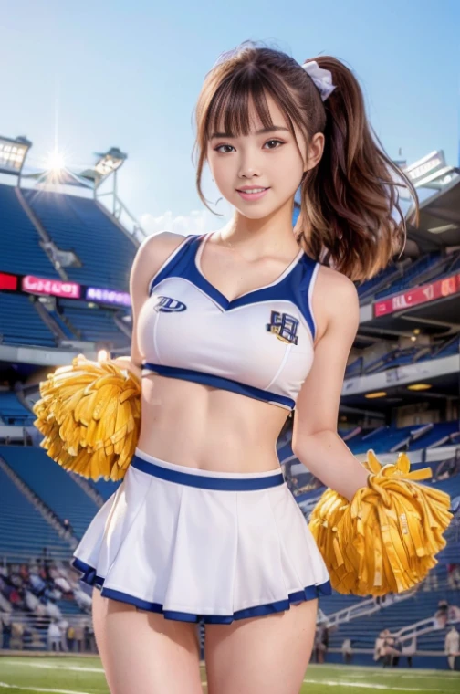 ((highest quality, 8K, photo-realistic:1.4, masterpiece)), Backlight, Woman with highly detailed facial texture, 18-year-old, (((Caucasian cheerleaders:1.2))), ((stadium background: 1.2)), raise your arms, highly detailed skin, beautiful makeup, fine eyes, smile, open your mouth, untidy short hairstyle of shiny brown color,,