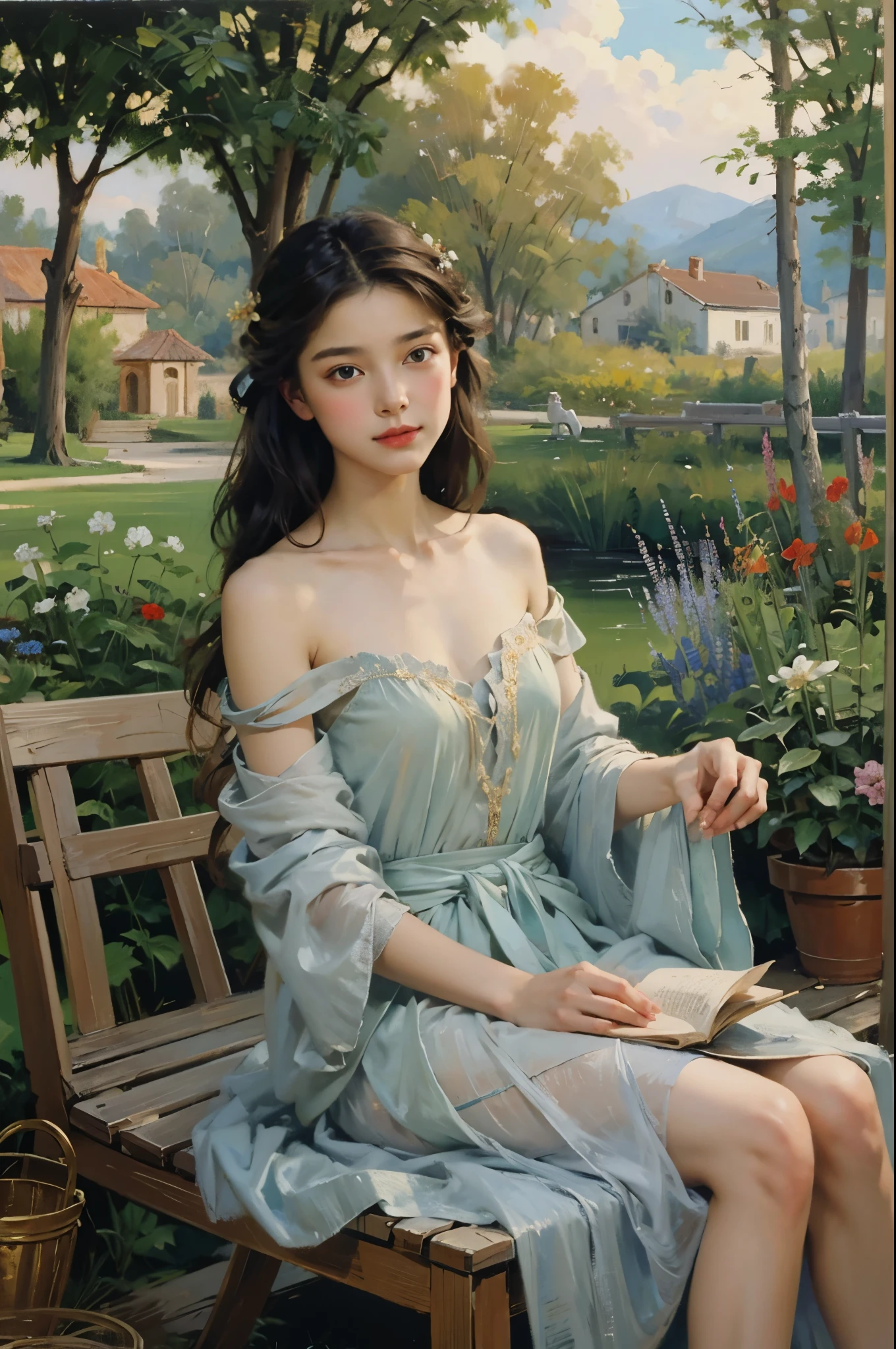 (masterpiece), (best quality), oil_painting, classical painting, 1girl, portrait, bare shoulder, dress, earth tone, outdoor, garden