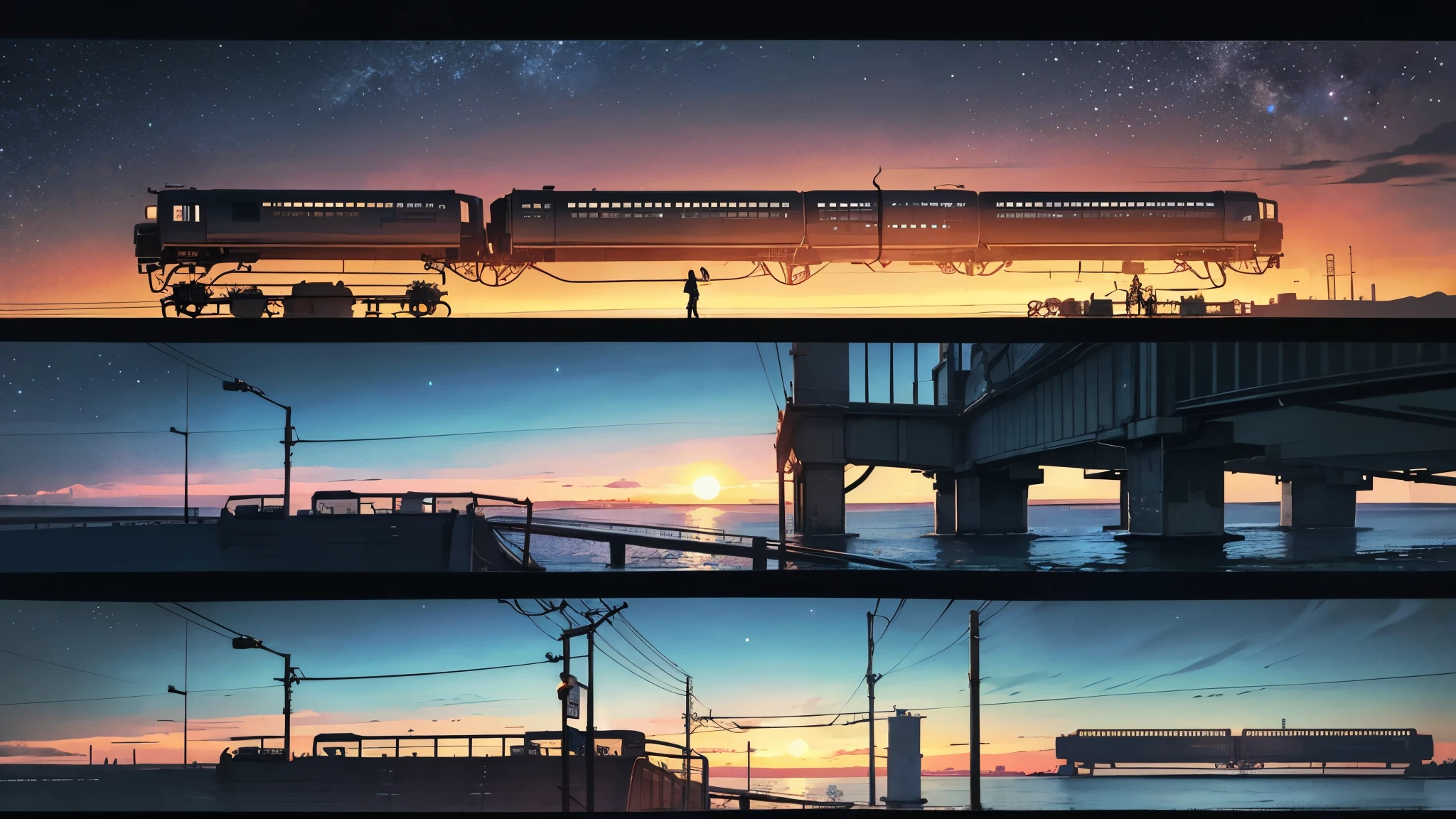 masterpiece, Cartoon train passing through body of water on rails, bright starry sky. romantic train, Xin Haicheng的图片, pure, concept art, Lofi Art style, reflection. author:Xin Haicheng, Lofi Art, beautiful anime scene, anime scenery, Detailed Landscape—Width 672, Xin Haicheng的风格, Xin Haicheng的风格, Enhance details.