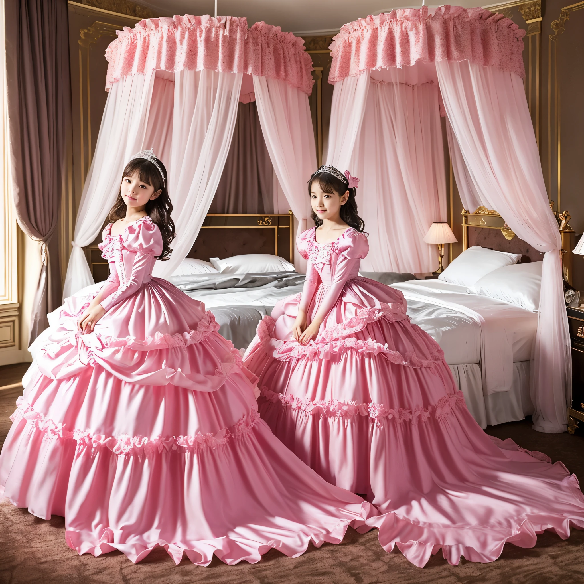 highest quality, masterpiece, highest resolution, artwork, super それにget used to it, many get used to it, get used to it, それにget used to it,(), girl, (10 years old),girlはお姫様です,((girly dark pink satin fabric)), Long hair that reaches to the waist,((Victorian ball gown dress with plenty of pink ruffles and bows and a voluminous full-length hoop skirt.)),long sleeve,long dress,A dress with lots of frills and ribbons...,luxury,((Palace bedroom)),((Huge square victorian canopy king size bed)),(((girlはベッドに横たわっています))),,(girlは眠っている),(((sleeping princess))),lots of frilly pillows,ruffle bed skirt,