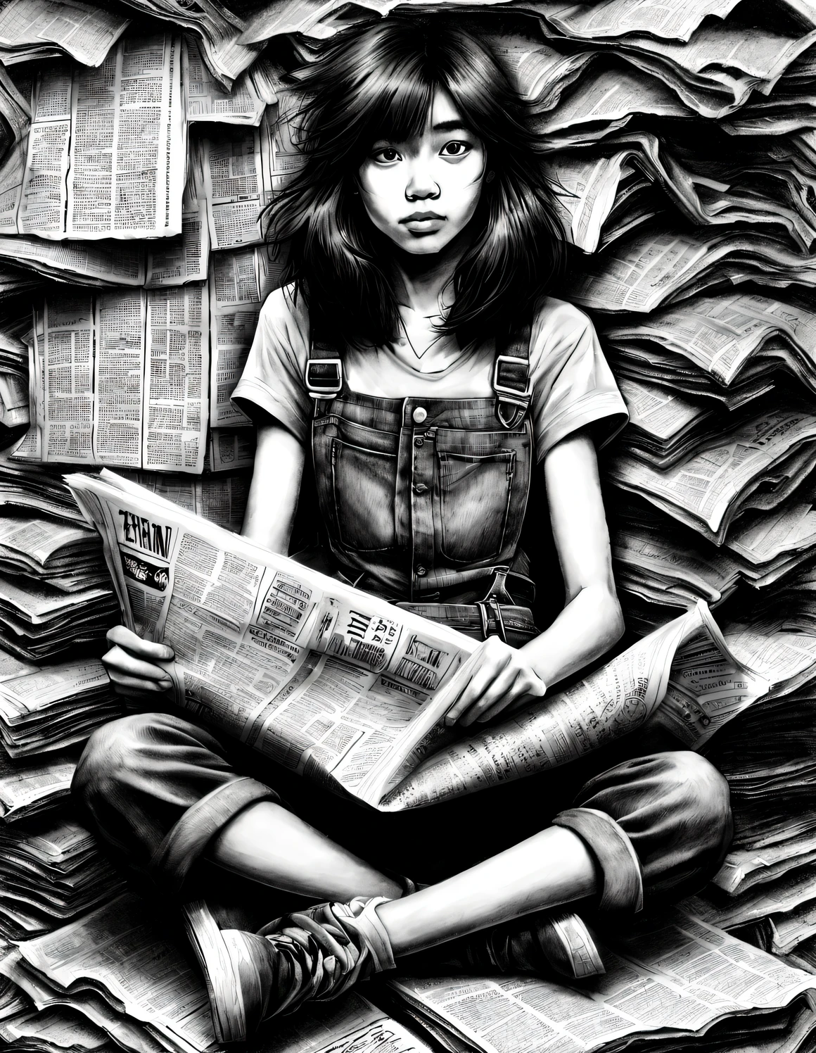 (Graphite drawing: 1.3), (Girl sitting cross-legged on mountain of old newspapers in basement), (She's wearing denim suspenders), young wild asian face, A bit of a mixed race face, (closure), (Slightly square chin: 0.4), (Lazy), A bit like Vivian, perfect face, Slightly narrowed slender eyes, like fox eyes, Sneakers background: The dilapidated walls are covered with many old newspapers,
90's anime style, Bold silhouette, Graphic arts, line art, black and white flat colors, black and white, line art with pen pressure, Pen pressure sketch, Calligraphy pen with pen pressure, G pen style,With pen pressure, Hand drawn thick lines, monochrome style, high contrast, IG model, artistic sprout,