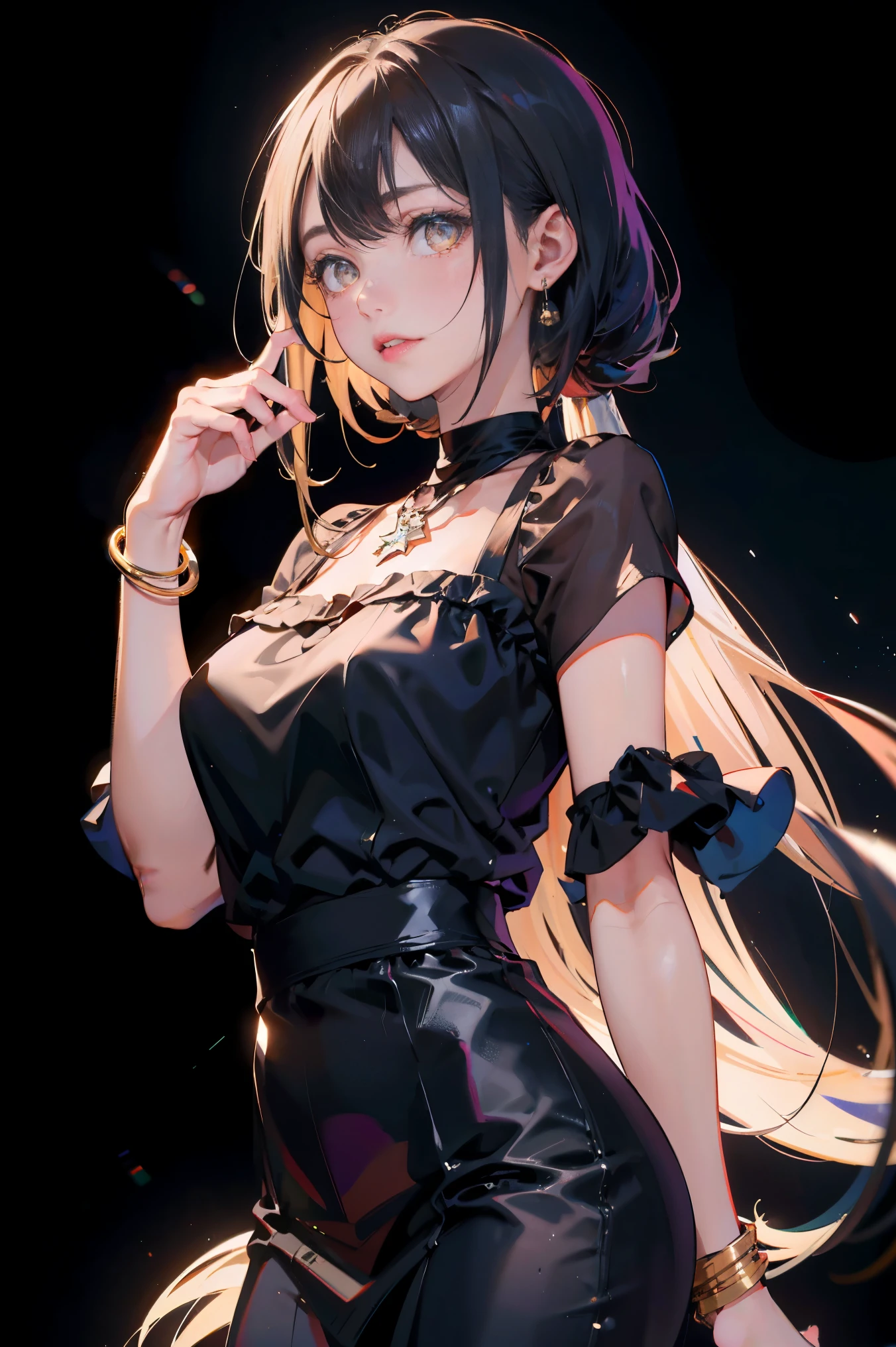 a 20 yo woman、Black blue Hair、poneyTail、(hi-top fade:1.3)、dark themed、Muted Tones、Subdued Color、highly contrast、(natural skin textures、Hyper-Realism、Soft light、sharp)、makeup, mascara, Lips are subdued or colors, simple black background, Minimalism, monotone, simple color palettes, Clean, sharp designs, flowing silhouettes, Tight skirts and pants, high-waisted skirts and pants, simple dresses, shirts and blouses, asymmetrical, geometric, Elegant and luxurious materials and designs, Simple, minimal accessories, Slim necklaces and rings in silver or gold, Simple bangles, Distinctive designs, simple silhouettes, simple and sophisticated style, elegance, minimalism, high quality materials, cool and urban impression, high fashion, simplicity and sophistication,Santa Costumes、Christmas、Christmas cosplay、The background is a Christmas tree、