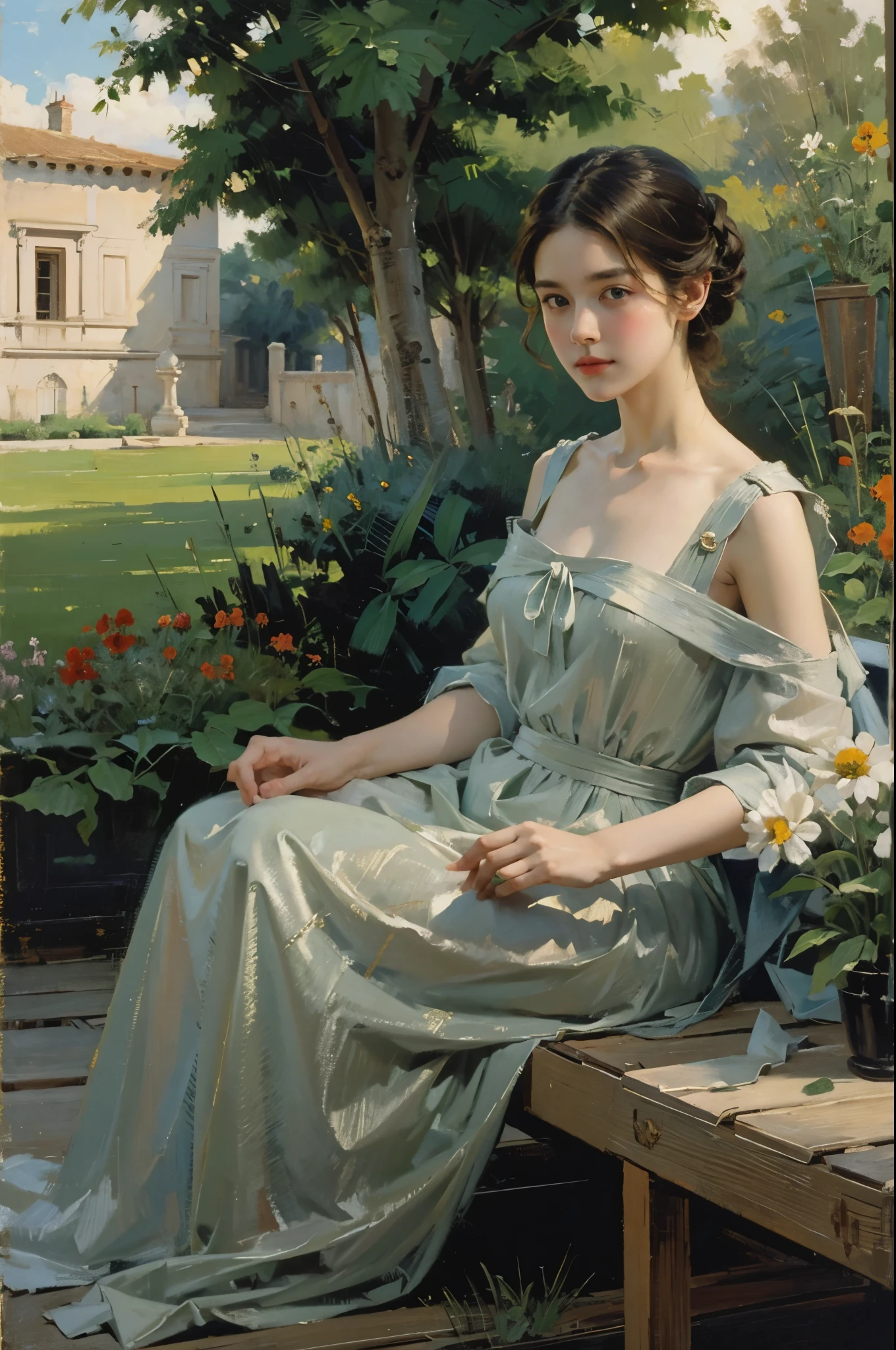 (masterpiece), (best quality), oil_painting, classical painting, 1girl, portrait, bare shoulder, dress, earth tone, outdoor, garden