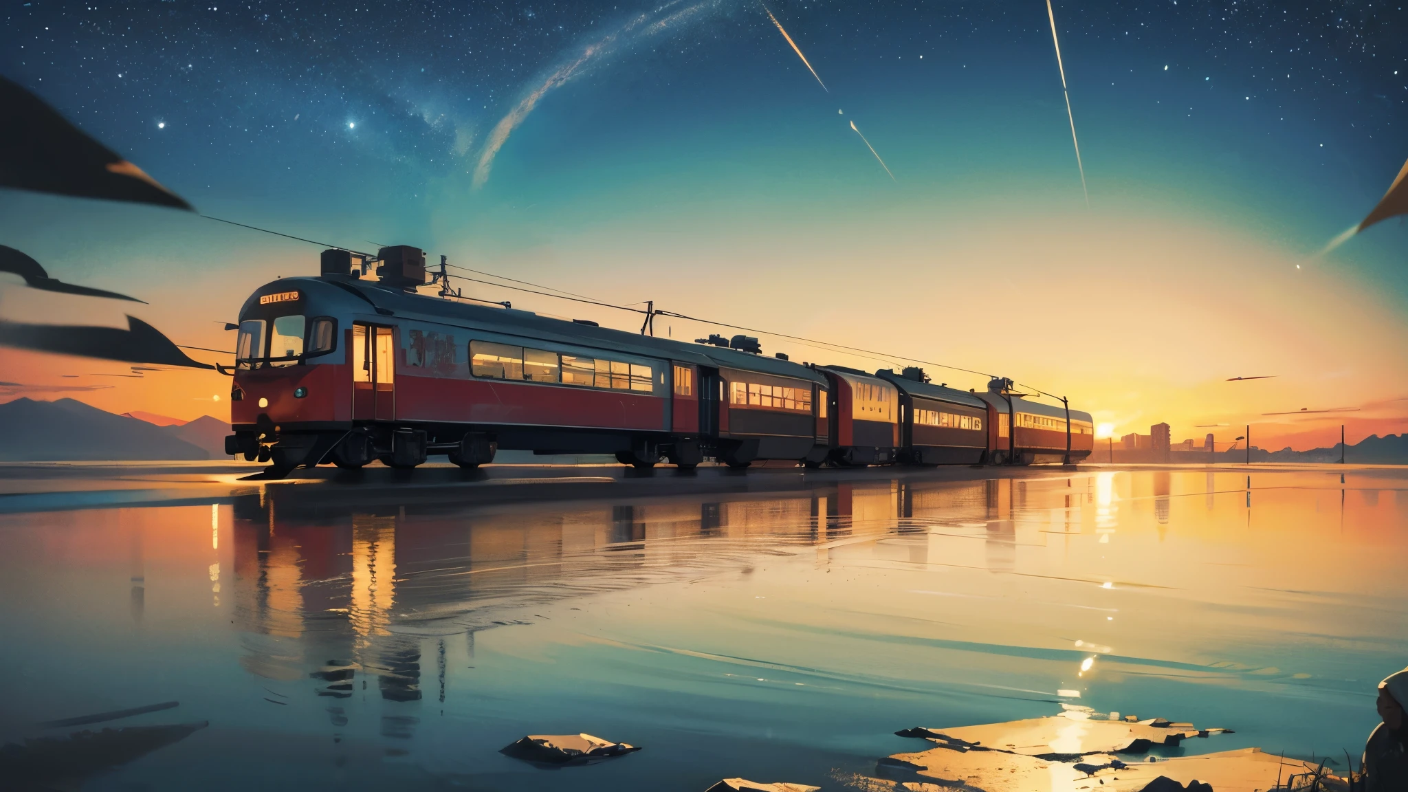 Cartoon train passing through body of water on rails, bright starry sky. romantic train, Picture of Makoto Shinkai, pure, concept art, Lofi Art style, reflection.，Shinkai Makoto animation art style, Lofi Art, beautiful anime scene, anime scenery, detailed scenic view, Xin Haicheng&#39;s style, Xin Haicheng&#39;s style, Enhance details