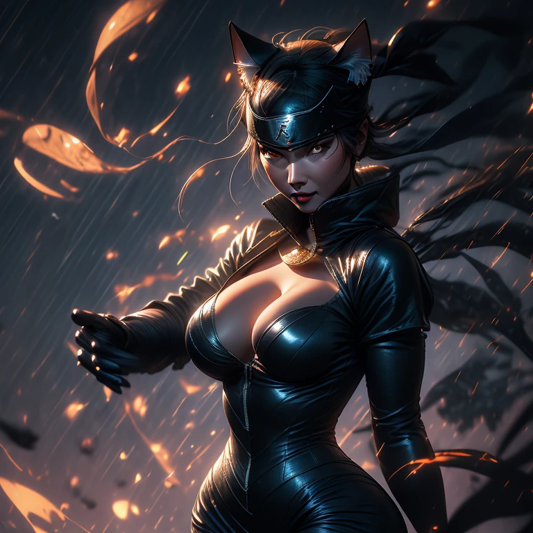 A captivating Catwoman figure, boasting generous assets, leans against the cold brick wall of an abandoned alley. The velvety fabric of her iconic suit clings to her curvaceous figure, revealing the allure of her ample cleavage. Her seductive green eyes gleam in the dimly lit street, a sly smile playing at the corner of her mouth. Her agile form exudes an air of mystery and temptation, beckoning the viewer deeper into the night. The intricate details of the suit's texture and the glossy finish of her feline ears add to the masterpiece of this art piece. The scene is a stunning blend of realism and fantasy