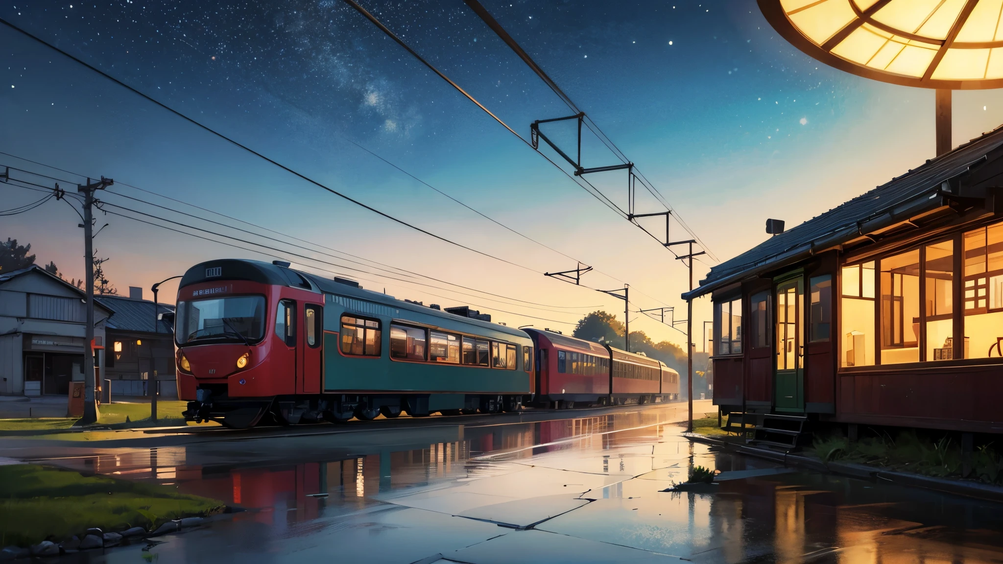 Cartoon train passing through body of water on rails, bright starry sky. romantic train, Picture of Makoto Shinkai, pure, concept art, Lofi Art style, reflection.,Shinkai Makoto animation art style, Lofi Art, beautiful anime scene, anime scenery, detailed scenic view, Xin Haicheng's style, Xin Haicheng's style, Enhance details