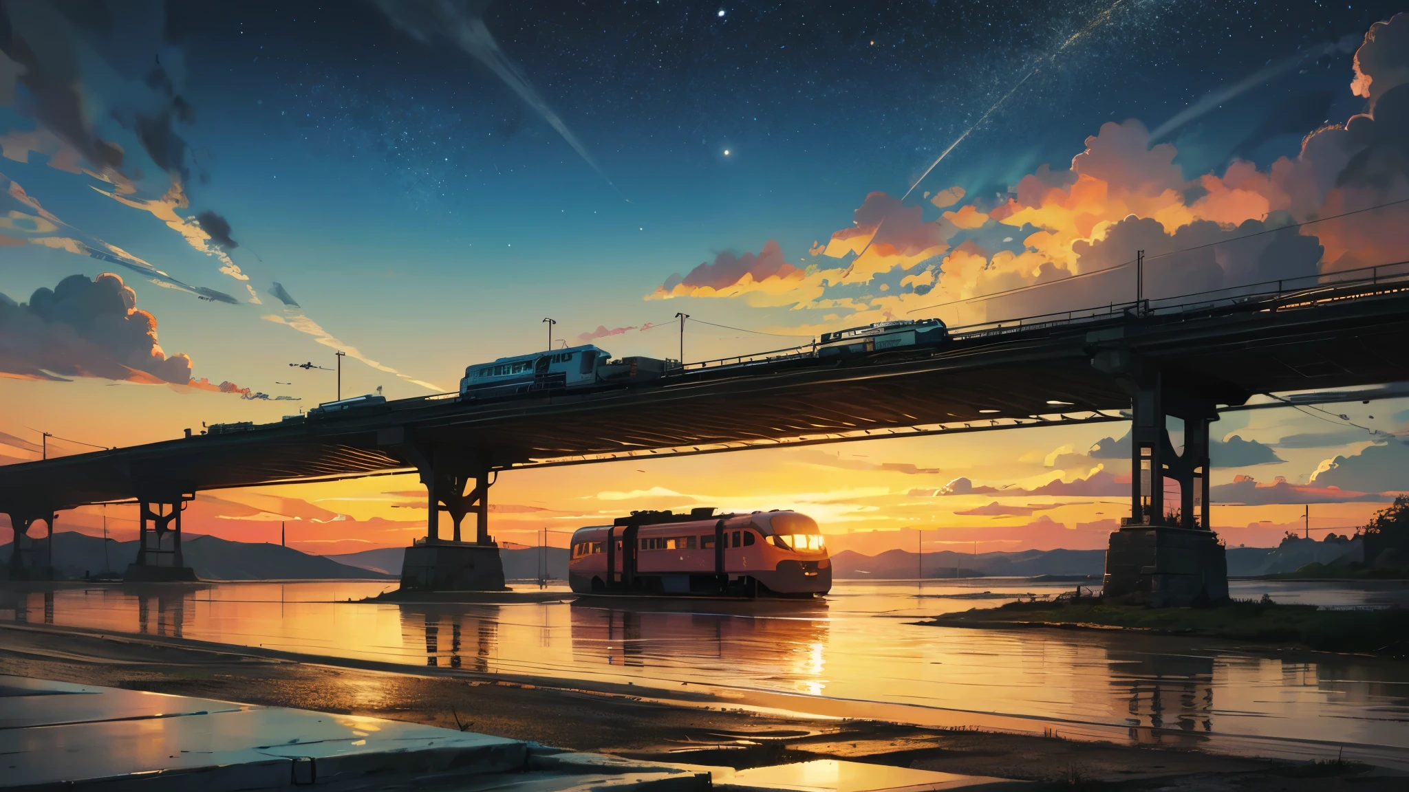 Cartoon train passing through body of water on rails, bright starry sky. romantic train, Picture of Makoto Shinkai, pure, concept art, Lofi Art style, reflection.,Shinkai Makoto animation art style, Lofi Art, beautiful anime scene, anime scenery, detailed scenic view, Xin Haicheng's style, Xin Haicheng's style, Enhance details