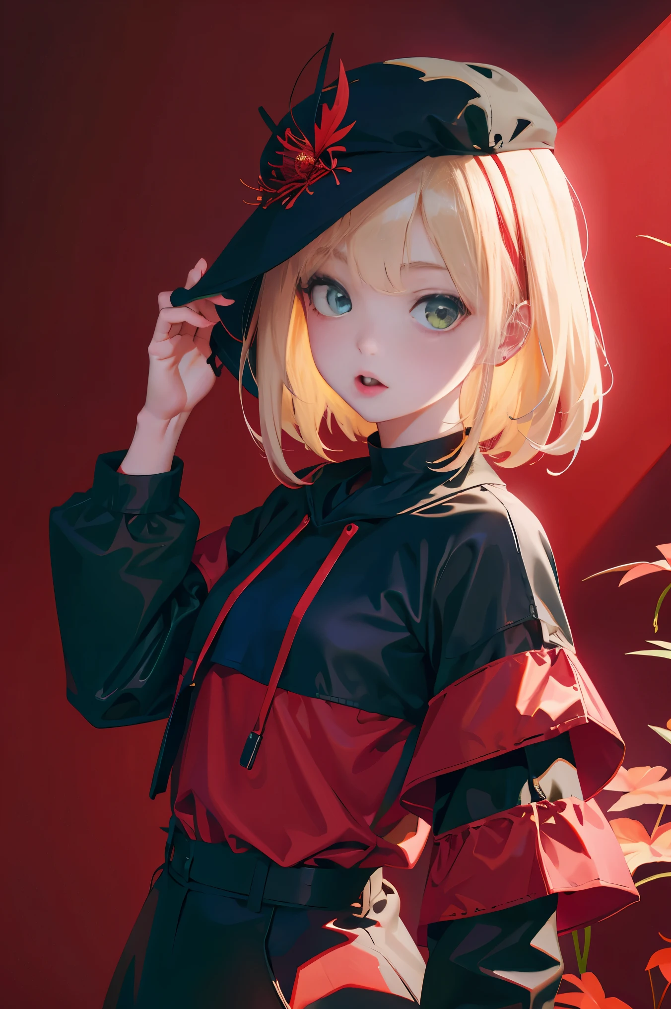 (Fine, beautiful eyes and detailed face)、cinematlic lighting、bustshot、Highly detailed CG Unity 8K wallpaper、(top-quality、hight resolution、8K、masterpiece:1.2)。Curvaceous but slender、Muchimuchi Body、Red spider lily field、Red modal lilies are blooming all around、Red Spider Lily、Grinning Woman、Red spider lily sits in the middle of blooming。With a somewhat horror look、Eight teeth are characteristic。Wear bloody clothes、Has an ax。Crazy looks and the gap between her and Red Spider Lily、Further enhance her beauty。Half-garment hoodie、accessorized、Mole、eyebrows、double tooth、canine teeth、poneyTail、Muscular nose、Clear, Detailed green eyes、blondehair、Hats、Uniforms、red blush、short-haired、a choker、fleshy lips、Physical beauty、well-muscled、Raise headband bangs、Oforehead、Mysterious fashion、Street fashion、Anime style、animesque、Oversized trousers、Unreal、Fashion based on green and black、Backgrounds with depth、The background is a field of bright red lilies、10,000 Red Spider Lily。a necklace、Braceletisanga、arm band、colorful backdrop、Light and Wall Co-star、Little black cat clinging to his shoulder、Original face、(dark themed:1.3)、Dark Fantasy、With a red spider lily in her mouth、
