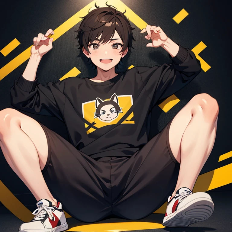 Boy with brown hair and black eyes smiling, wearing a black shirt with a yellow cat print and black pants and white sneakers, with a white background