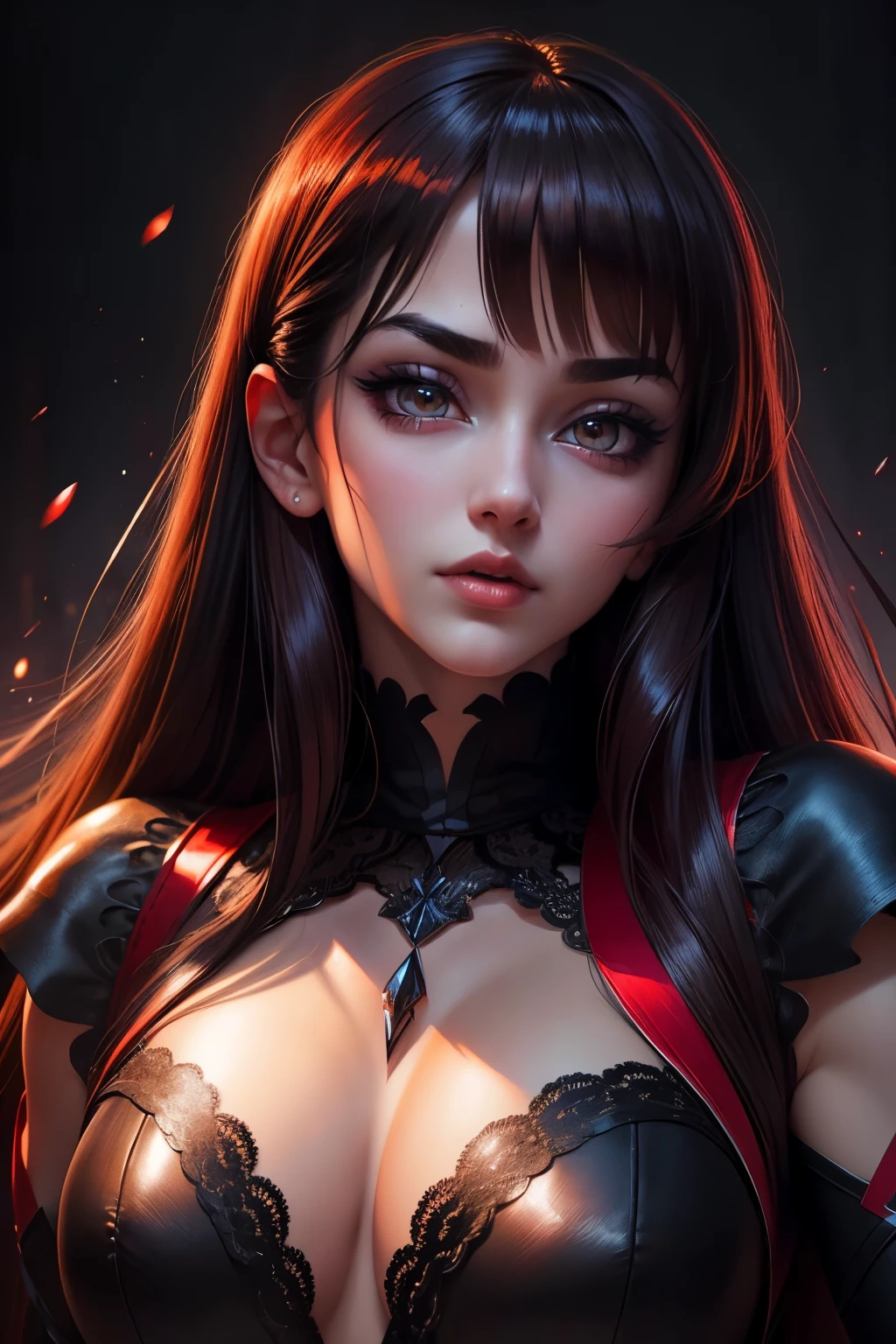 beautiful detailed eyes, beautiful detailed lips, extremely detailed face, long eyelashes, dark hair, dark background, intense lighting, anime style, vibrant colors, high resolution, seductive pose, captivating expression, alluring atmosphere, vampire, red eyes.