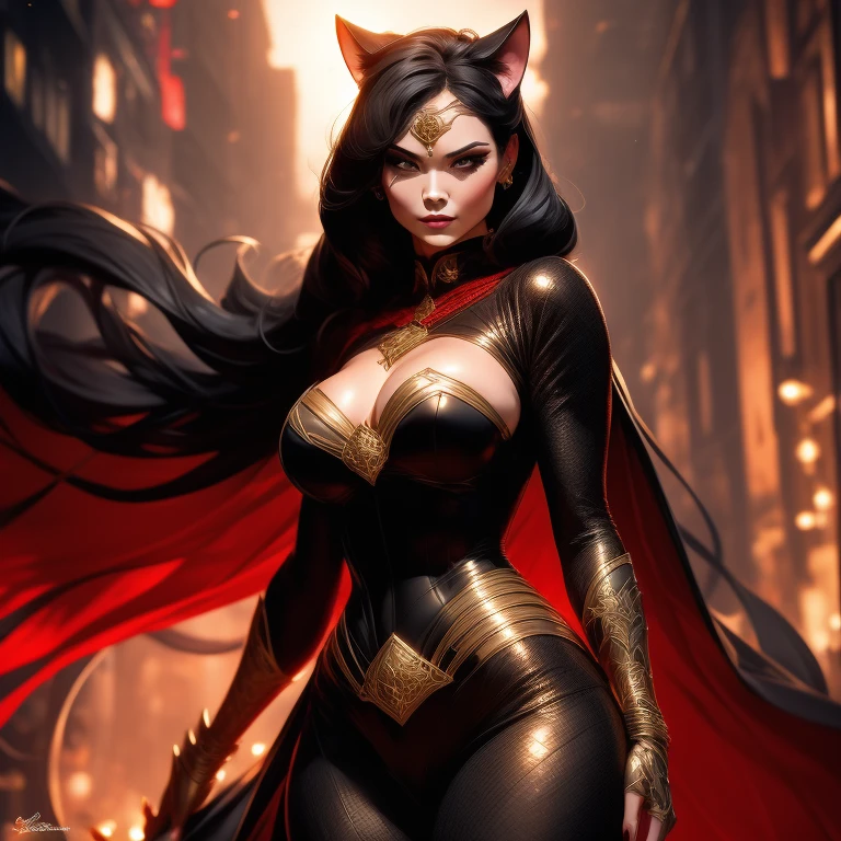 A captivating Catwoman figure, boasting generous assets, leans against the cold brick wall of an abandoned alley. The velvety fabric of her iconic suit clings to her curvaceous figure, revealing the allure of her ample cleavage. Her seductive green eyes gleam in the dimly lit street, a sly smile playing at the corner of her mouth. Her agile form exudes an air of mystery and temptation, beckoning the viewer deeper into the night. The intricate details of the suit's texture and the glossy finish of her feline ears add to the masterpiece of this art piece. The scene is a stunning blend of realism and fantasy