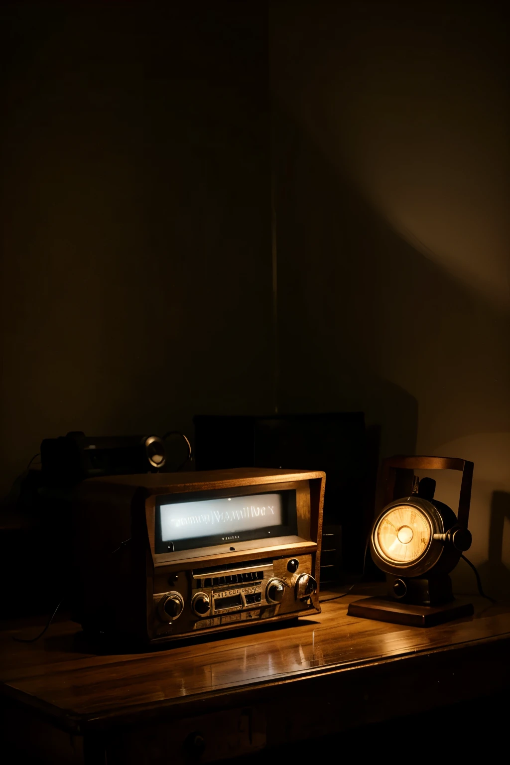 A dimly lit room with an old fashioned radio on a table