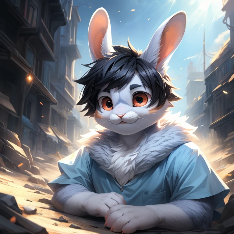 Bunny, (fluffy anthro furry:1.3), (male), solo, 1guy, (detailed face), highly detailed, sharply drawn, masterpiece, best quality, absurdres, subsurface scattering, anime style, A1 pictures style, ((Mini Lop bunny)), (light blue fur), black hair