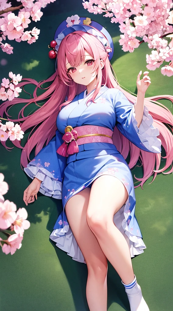 pink hair、Habitual hair、red eyes、blue kimono、a beautiful woman with big breasts、blue frilly hat、cherry blossom pattern、Have a fan、white tabi socks、The background is fantastic night cherry blossoms、((highest quality、Sharp image))