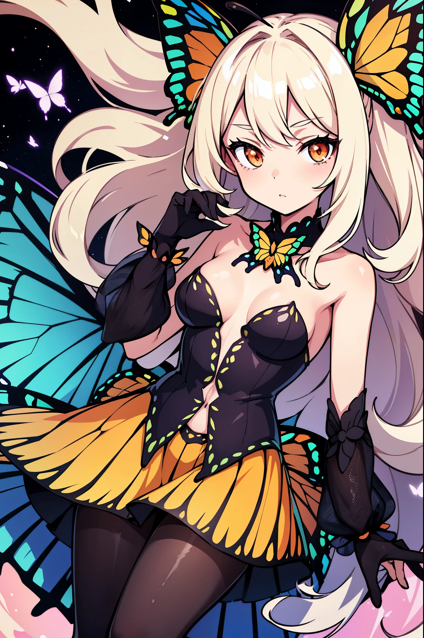 1girl, (butterfly ears:1.1), (platinum blonde hair), (curly hair), (long hair), (pale orange eyes), (dynamic pose), (colorful idol costume), (monarch butterfly), (mini skirt), (black pantyhose), (butterfly wings:1.3), (dynamic angle), more_details:-1, more_details:0, more_details:0.5, more_details:1, more_details:1.5, glowify, more prism, vibrant color, jewelry background, floating gems, floating glass pieces