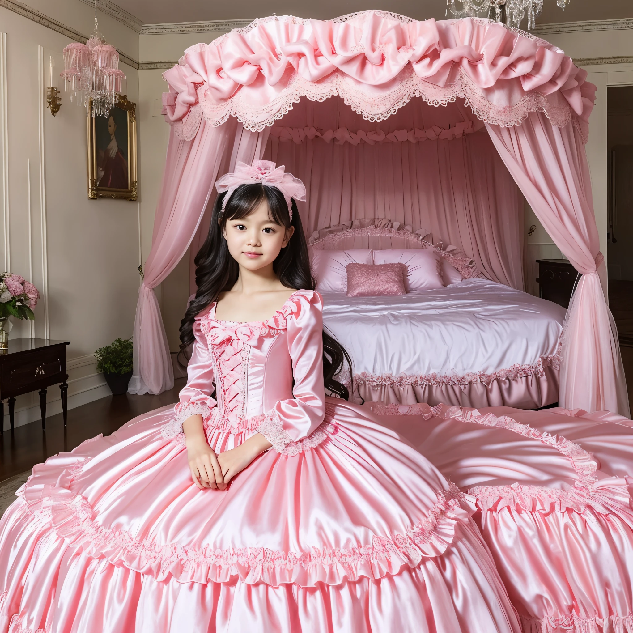 highest quality, masterpiece, highest resolution, artwork, super それにget used to it, many get used to it, get used to it, それにget used to it,,a girl, (()),((10 years old)),the girl is a princess,((girly dark pink satin fabric)), Long hair that reaches to the waist,((Victorian ball gown dress with plenty of pink ruffles and bows and a voluminous full-length hoop skirt.)),long sleeve,long dress,A dress with lots of frills and ribbons...,luxury,((Palace bedroom)),((Huge square victorian canopy king size bed)),(Girl is sitting on bed),lots of frilly pillows,ruffle bed skirt,