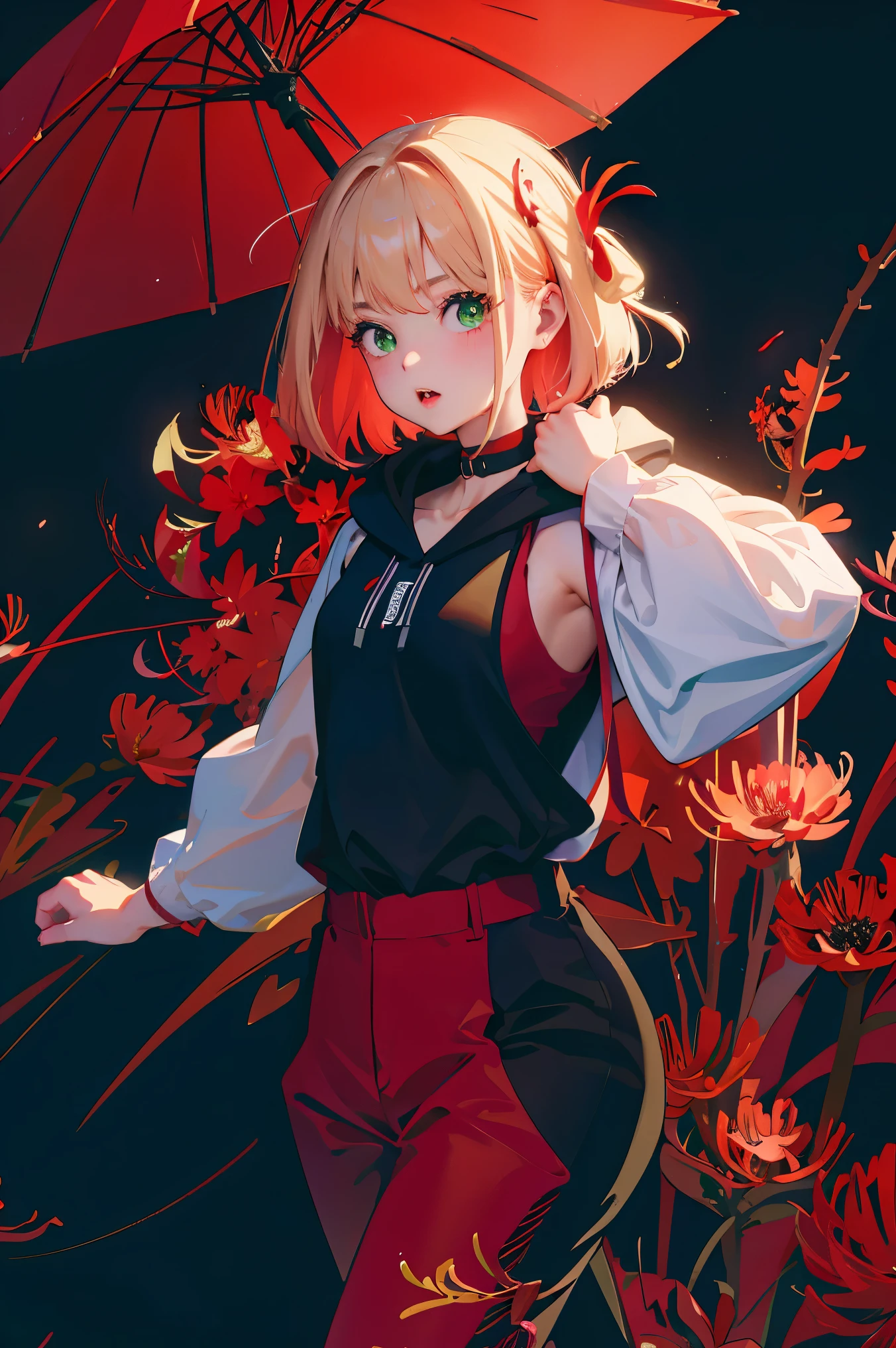 (Fine, beautiful eyes and detailed face)、cinematlic lighting、bustshot、the Extremely Detailed CG Unity 8K Wallpapers、(top-quality、hight resolution、8K、​masterpiece:1.2)。Curvaceous but slender、Muchimuchi Body、Red Higan Flower Garden、The whole area is full of red Higan flowers、Red Spider Lily、Grinning Woman、Red spider lily sits in the middle of blooming。With a somewhat horror look、Eight teeth are characteristic。Wear bloody clothes、Has an ax。The crazy look and the gap between her and Red Spider Lily、Enhance her beauty even more。Half-undressed hoodie、accessorized、Mole、eyebrows、double tooth、canine teeth、poneyTail、Muscular nose、clear, detailed green eyes、blondehair、Hats、校服、red blush、short-haired、a choker、fleshy lips、Physical beauty、well-muscled、Raise headband bangs、Oforehead、Mysterious fashion、Street fashion、Anime style、animesque、Oversized trousers、Unreal、Fashion based on green and black、Backgrounds with depth、The background is a bright red Higan flower field that spreads all over the place、10,000 Red Spider Lily。a necklace、Bracelets、Misanga、arm band、colorful backdrop、Light and Wall Co-star、Little black cat clinging to his shoulder、Original face、(dark themed:1.3)、Dark Fantasy、